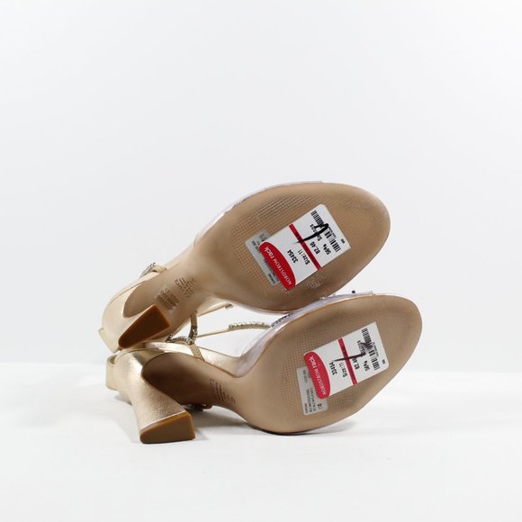 Schutz Rowena Crystal-Embellished Leather Sandal - Champagne 11B - Picture 4 of 5